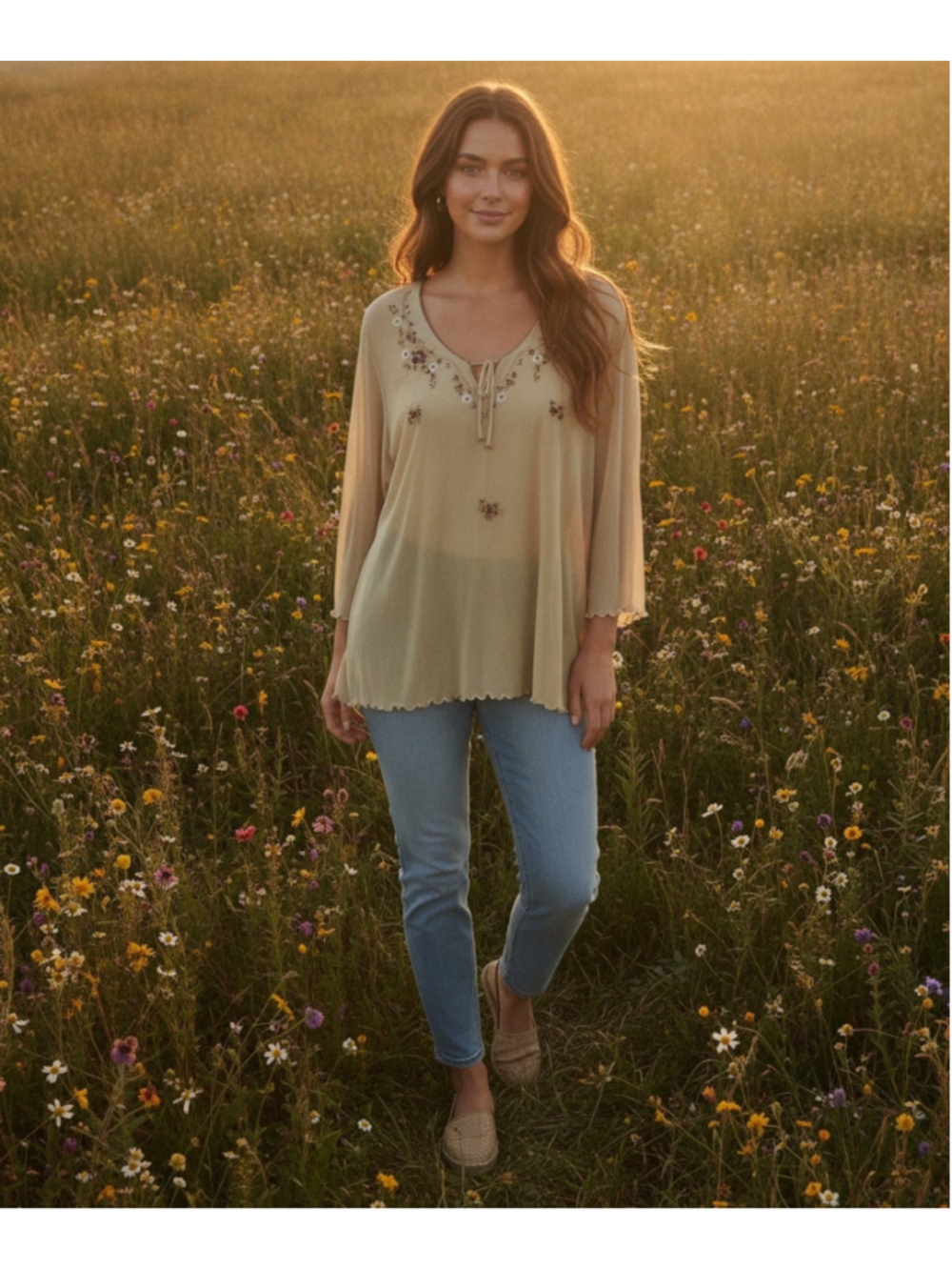 Addition Elle Embroidered Floral Beaded Tie-Neck Boho Sheer in Light Tan 4X